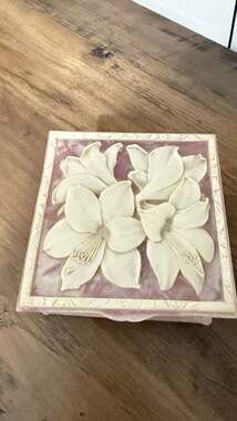 Vintage Incolay Stone Pink Marble Square Jewelry Box with Magnolia Flower Relief